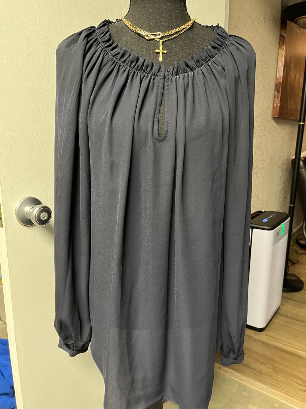Ann Taylor Dark Navy Smocked-Neck Long Sleeve Tunic